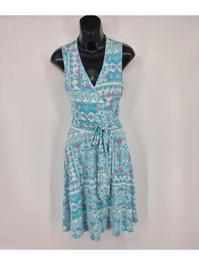 Tori Richard Honolulu Wrap Dress Women's L Blue Pink Geometric Tropical Hawaii